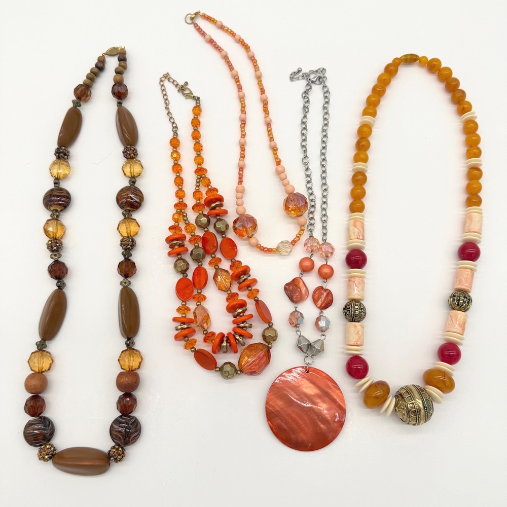 Vintage Necklace Lot of 5 Orange Amber Tone Beaded Statement Chunky Y2K